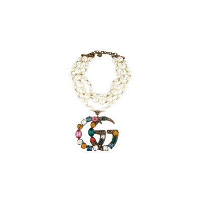 GUCCI FAUX PEARL & CRYSTAL GG MULTISTRAND NECKLACE 
